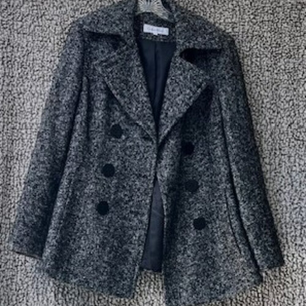 CALVIN KLEIN Black and White Wool Blend Lined Pea Coat